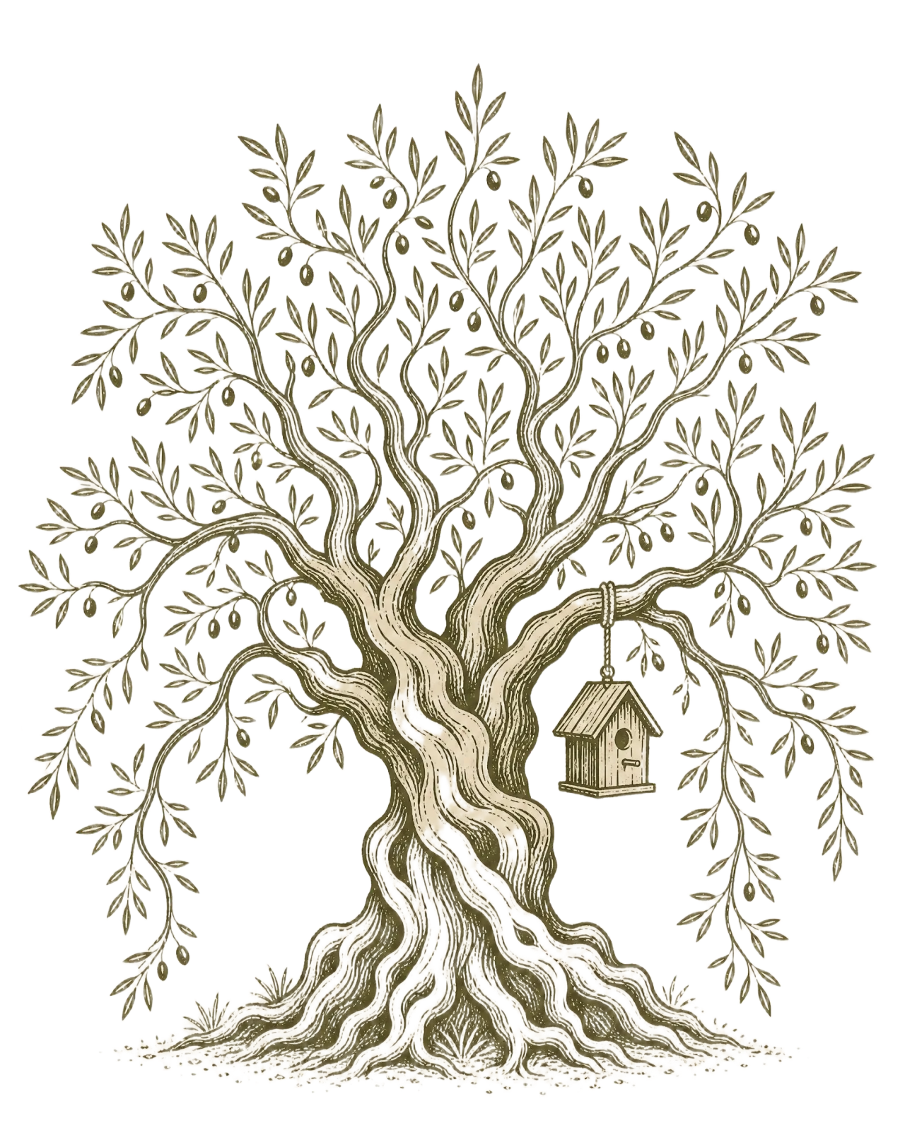 Illustrated olive tree with a bird house